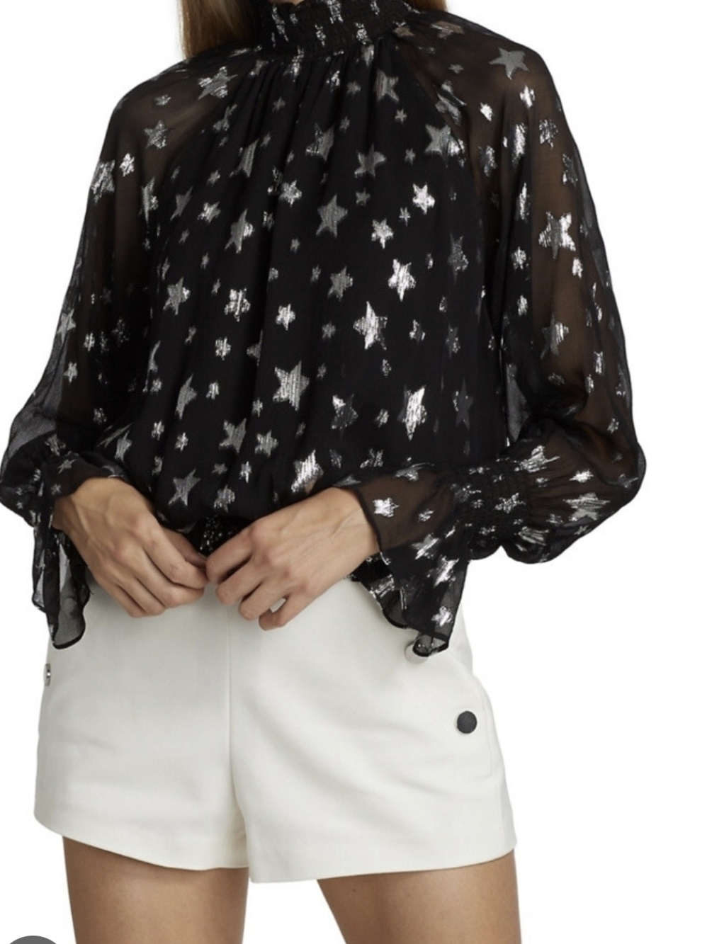 Ramy Brook Black Sheer Star-Print High-Neck Blouse with Metallic Stars Size Smal
